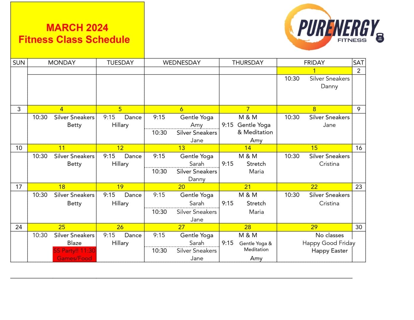 March Fitness Calendar PurEnergy Fitness